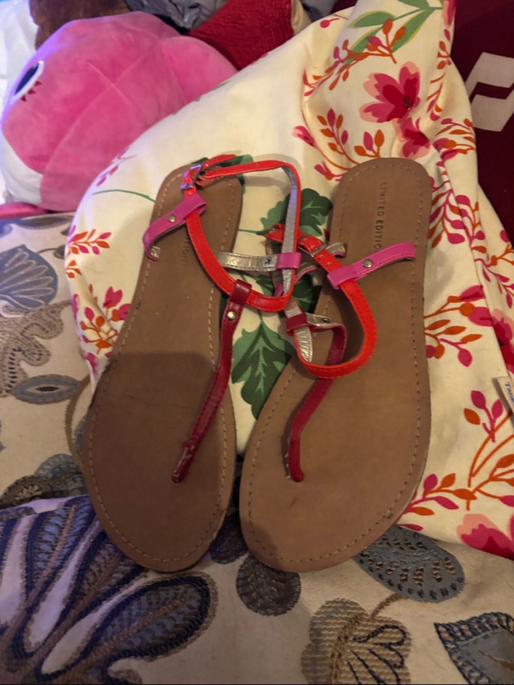 The Limited Multicolor T-Strap Sandals - Pink & Red
